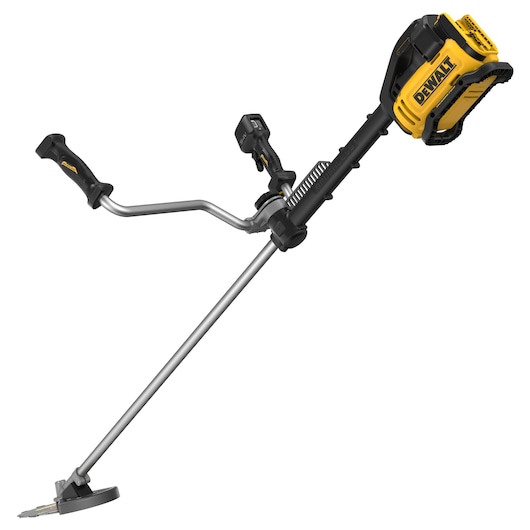 A DEWALT cordless brush cutter with a yellow and black motor housing, ergonomic handlebar, and a metal cutting blade at the end of a long shaft.