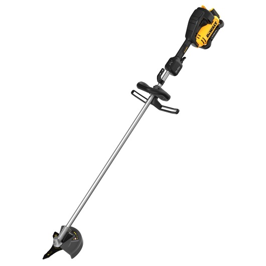 A DEWALT cordless brush cutter with a long silver shaft, black handle, and a yellow and black motor housing at the top, designed for garden maintenance.