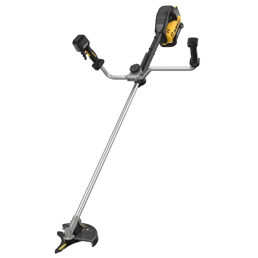 A DEWALT battery-powered brush cutter with a long metal shaft, two ergonomic handles, and a yellow and black motor housing, shown against a white background.