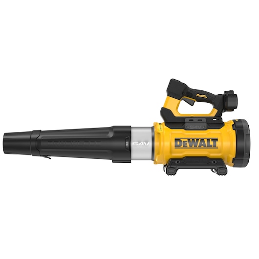 Side view of a DEWALT 54V cordless leaf blower with a yellow and black body and ergonomic handle.