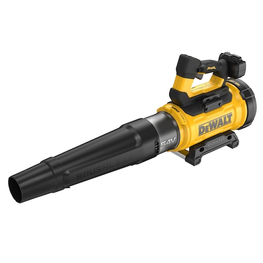A yellow and black DEWALT cordless leaf blower with a brushless motor, shown on a white background. The tool features a sturdy handle and a large nozzle for blowing leaves and debris.