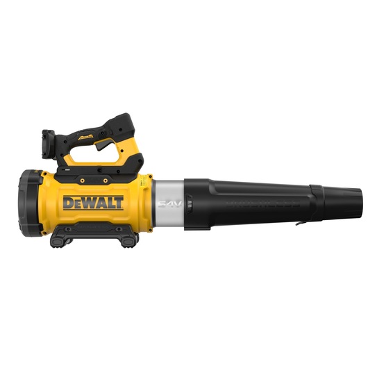 A DEWALT cordless leaf blower with a yellow and black design, shown in a side profile view. The device features a brushless motor and a handle on top.