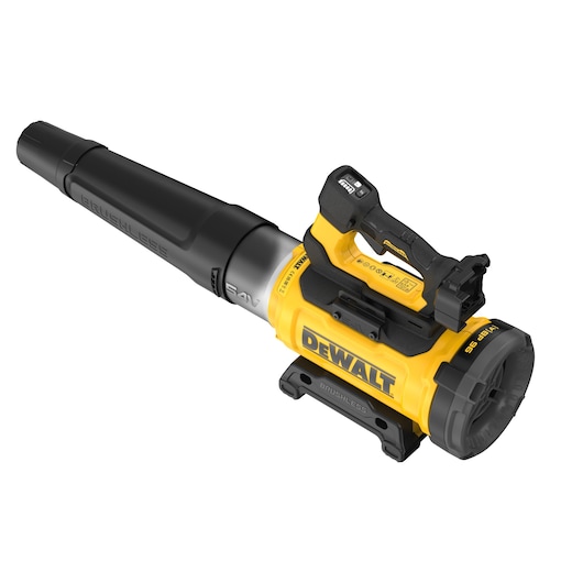 A DEWALT cordless brushless leaf blower in yellow and black, model DCMBL777N, shown without battery, designed for outdoor cleaning tasks.