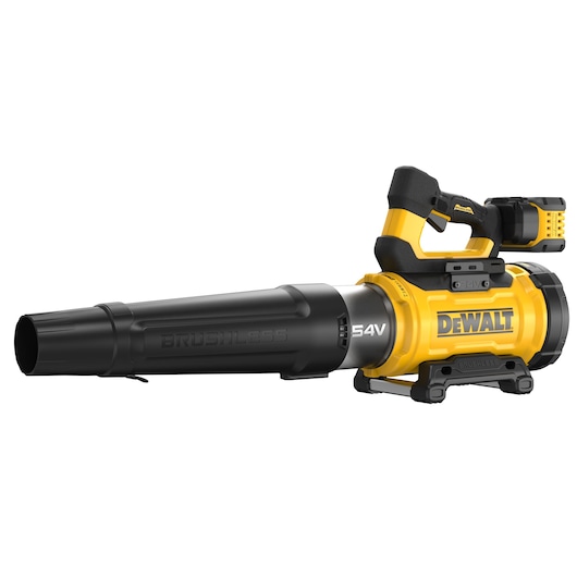 A DEWALT 54V cordless brushless leaf blower with a yellow and black design, featuring a large air tube and ergonomic handle with battery pack attached.