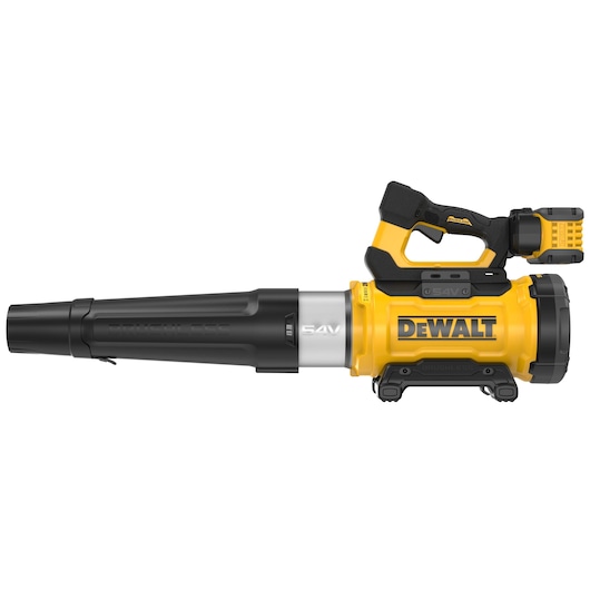 A DEWALT cordless leaf blower, model DCMBL777X1, featuring a yellow and black design with a detachable battery and ergonomic handle.