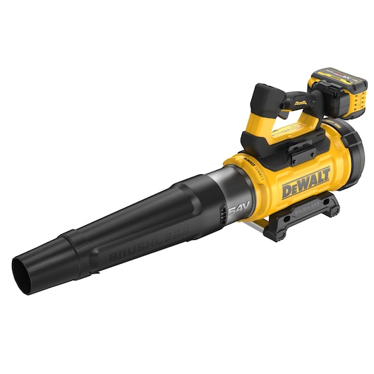 A yellow and black DEWALT cordless leaf blower with a large black nozzle, a handle, and a battery pack attached at the rear.