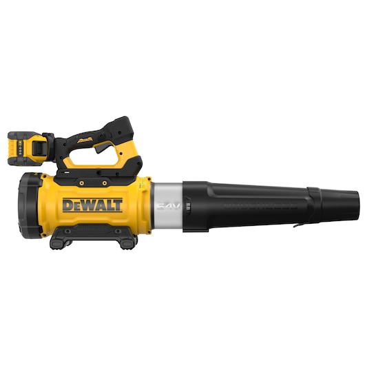 A DEWALT 54V cordless leaf blower with a yellow and black design, featuring a brushless motor and a handle with a battery pack attached.