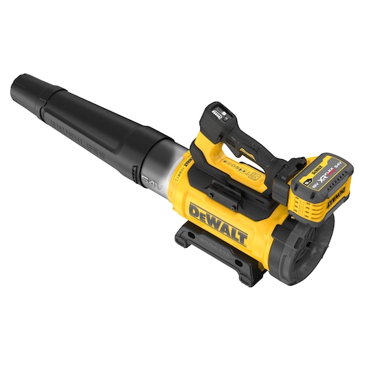 A DEWALT cordless leaf blower featuring a yellow and black design, visible battery pack labeled 18V XR, and marked as brushless.