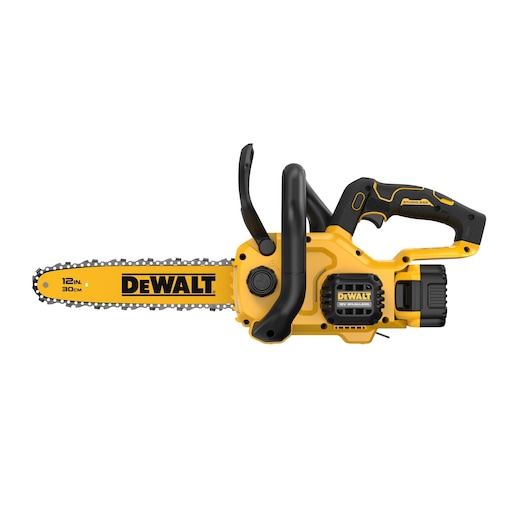A DEWALT 12-inch (30 cm) cordless chainsaw with a yellow and black design, featuring a brushless motor and ergonomic handle. The saw is displayed on a white background.