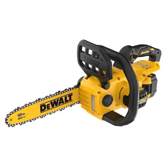 A DEWALT 12-inch cordless electric chainsaw with a yellow and black design, featuring a visible handle and chain bar, suitable for cutting wood.
