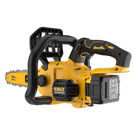 A close-up image of a DEWALT DCMCS565P1 cordless brushless chainsaw. The chainsaw is yellow and black, featuring a 12 inch (30 cm) bar and chain, a large protective hand guard, and a visible battery pack attached to the handle.