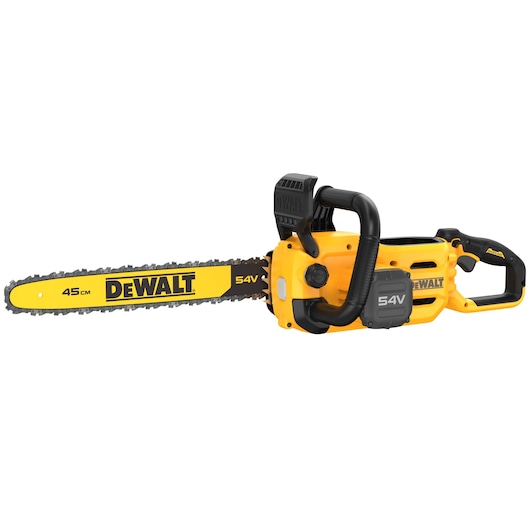 A yellow and black DEWALT 54V cordless chainsaw with a 45cm blade, designed for cutting wood.
