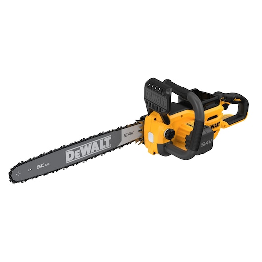 A yellow and black DEWALT 54V cordless chainsaw with a 50 cm bar, viewed from the side.