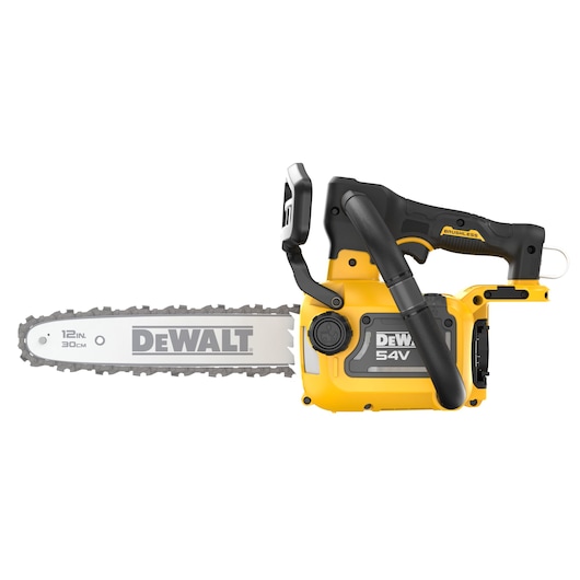A DEWALT 54V cordless chainsaw with a 12-inch (30 cm) blade, featuring a yellow and black design and a brushless motor.