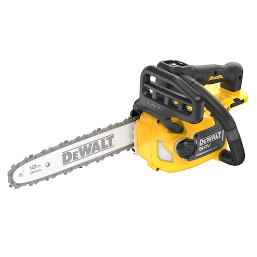 A DEWALT 54V cordless chainsaw with a yellow and black design, featuring a 12-inch (30 cm) bar and brushless motor.