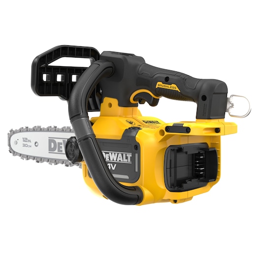 A DEWALT 12V cordless chainsaw with a brushless motor, yellow and black in color. The chain bar measures 12 inches (30 cm) and the battery compartment is visible. The product is shown on a white background.