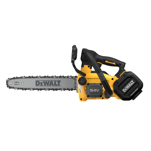 A DEWALT 54V cordless chainsaw with a yellow and black body, featuring a 14-inch (35 cm) blade and a brushless motor.