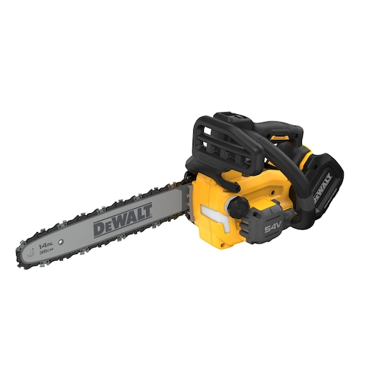 A DEWALT 54V cordless chainsaw with a 14-inch (35 cm) blade, shown in yellow and black color, designed for outdoor tasks such as cutting wood.