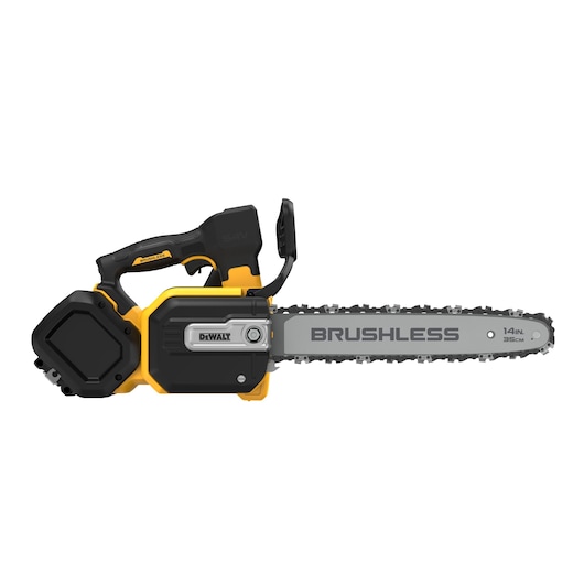 A DEWALT cordless brushless chainsaw with a 14-inch (35cm) bar, featuring a yellow and black design.