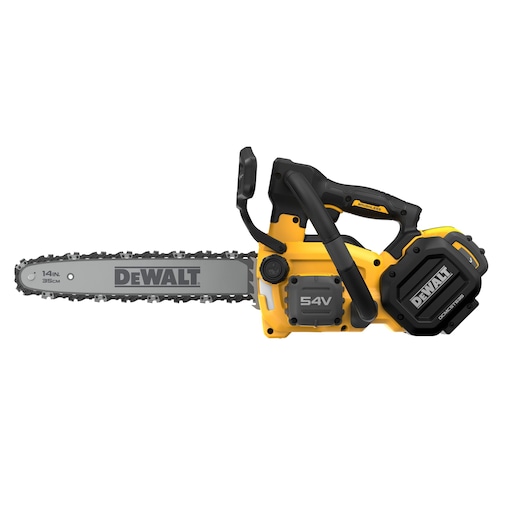 A DEWALT 54V cordless chainsaw with a 14-inch (35 cm) blade. The chainsaw is yellow and black, with visible DEWALT branding and battery pack.
