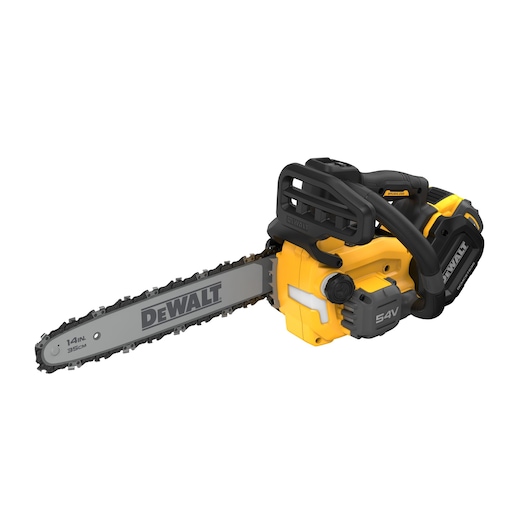 A DEWALT 54V cordless chainsaw with a yellow and black body, featuring a 14-inch (35 cm) blade and ergonomic handles.