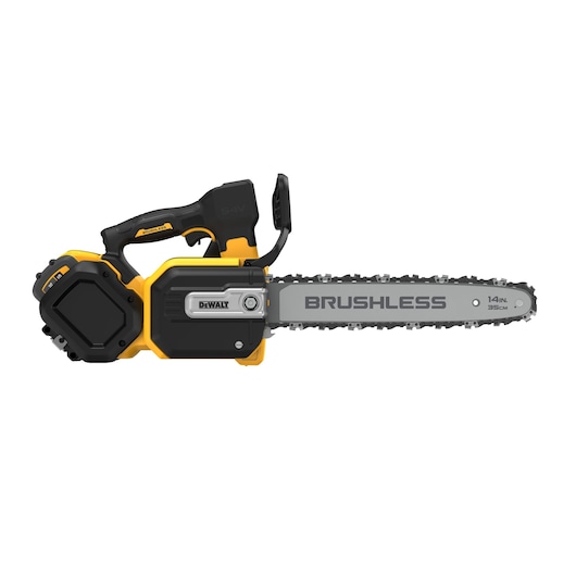 DEWALT brushless cordless chainsaw with a 14-inch (35 cm) bar, featuring a yellow and black design.