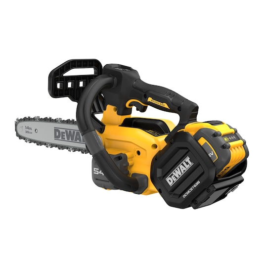 A DEWALT 54V cordless chainsaw with a 14-inch (35 cm) bar, shown in yellow and black, designed for professional use.