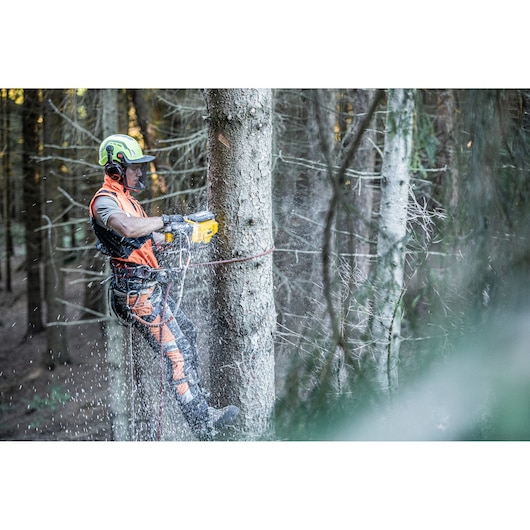 A person wearing protective gear and a helmet is cutting a tree trunk with a yellow DEWALT chainsaw in a forest. The individual is secured with climbing equipment and sawdust is visible in the air.