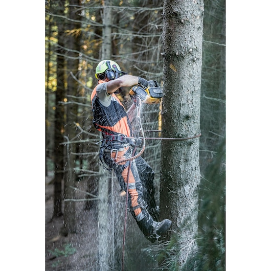 A person wearing safety gear and climbing equipment uses a DEWALT chainsaw to cut a tree in a forest. Wood chips and sawdust are flying during the cutting process.
