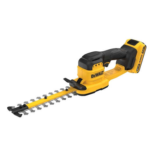A DEWALT cordless hedge trimmer with a yellow and black design, featuring a battery pack, ergonomic handle, and dual-action blades.