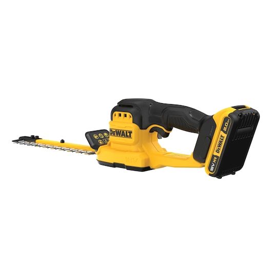 A DEWALT cordless hedge trimmer with a yellow and black design, featuring an 18V battery attached. The tool has a comfortable grip and sharp hedge trimming blades.