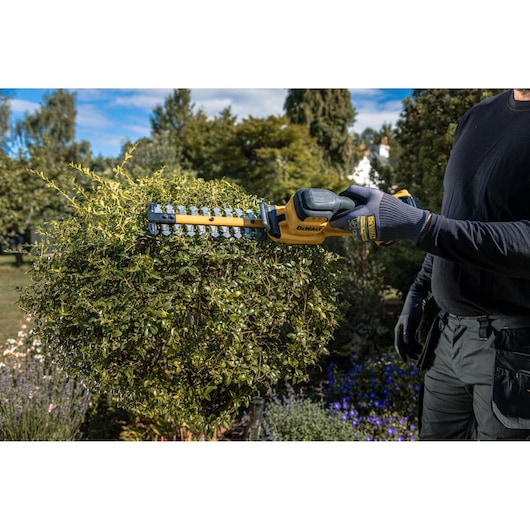 A person using a DEWALT cordless hedge trimmer to trim a bush in a garden. The trimmer is yellow and black, and the person is wearing black gloves and outdoor work clothes.