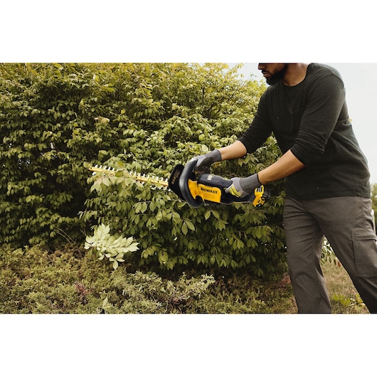 Person trims bushes with a DEWALT hedge trimmer outdoors. Face is blurred.