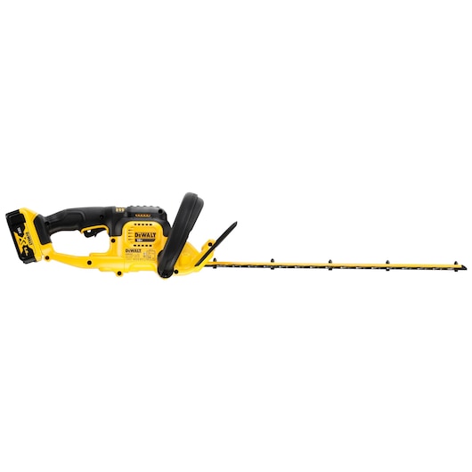 A DEWALT cordless hedge trimmer with a yellow and black design, featuring a long cutting blade and ergonomic handle.