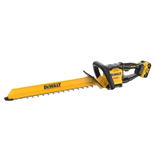 A DEWALT cordless hedge trimmer with a yellow blade guard and black handles. The tool is battery powered and designed for trimming hedges.