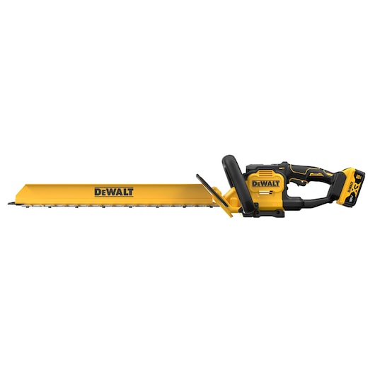 A DEWALT cordless hedge trimmer with a yellow and black design, featuring a long blade and ergonomic handle. The tool includes a rechargeable battery attached to the rear.