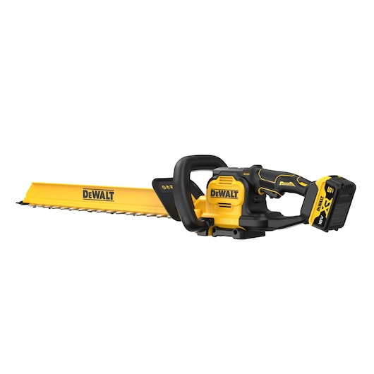 A yellow and black DEWALT cordless hedge trimmer with an 18V battery, featuring a long blade and ergonomic handle.