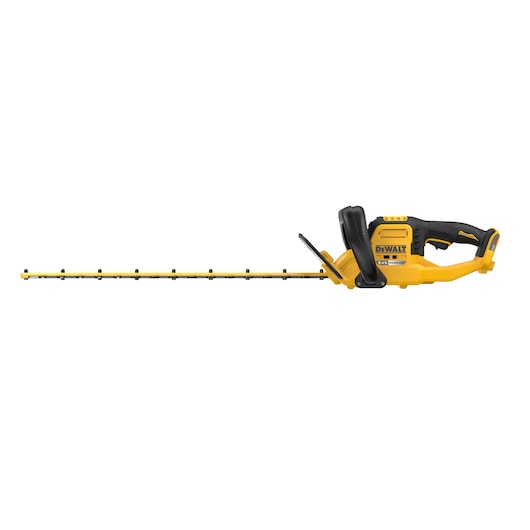 A DEWALT cordless hedge trimmer with a yellow and black design, featuring a long cutting blade and ergonomic handle.