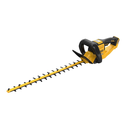 A yellow and black cordless hedge trimmer with a long blade and ergonomic handle, shown on a white background.
