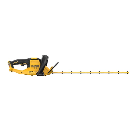 A DEWALT cordless hedge trimmer with a long yellow and black blade, designed for garden maintenance.