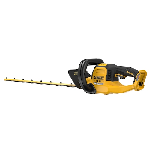 A DEWALT cordless hedge trimmer with a yellow and black body, ergonomic handle, and long cutting blade, shown on a white background.