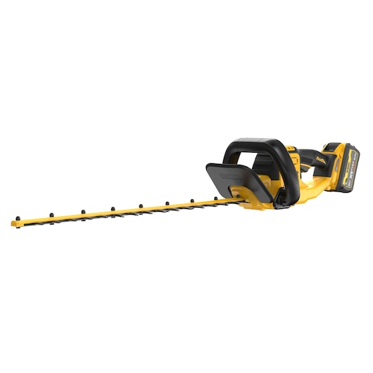 A yellow and black cordless hedge trimmer with a long blade and ergonomic handle, manufactured by DEWALT.