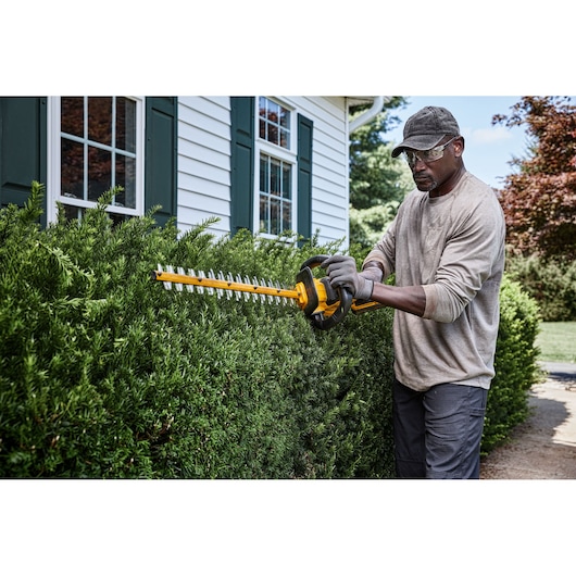 A person wearing gloves is using a yellow DEWALT cordless hedge trimmer to trim bushes in front of a white house with green shutters.