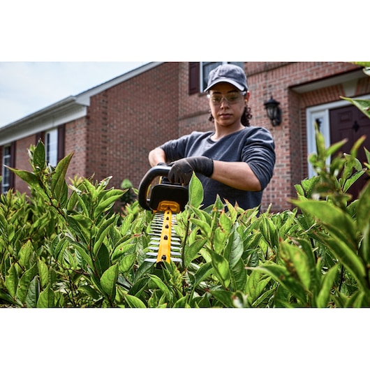 A person wearing gloves and a cap uses a yellow DEWALT cordless hedge trimmer to trim green bushes outside a brick house.