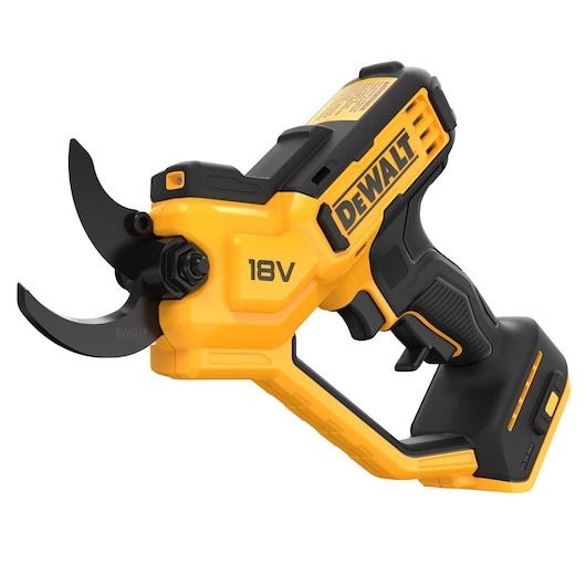 A DEWALT 18V cordless electric pruning shears with a yellow and black design. The tool features curved blades and a comfortable grip handle.