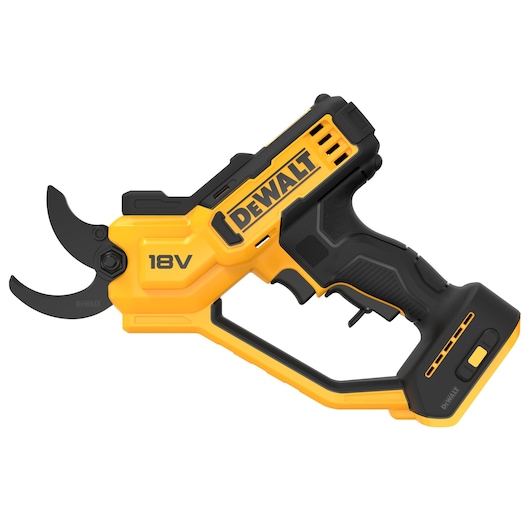 A yellow and black DEWALT 18V cordless electric pruning shear with a curved blade and ergonomic handle, designed for cutting branches.