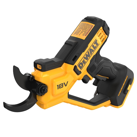 DEWALT 18V cordless electric pruning shear, featuring a yellow and black ergonomic design with sharp curved blades.