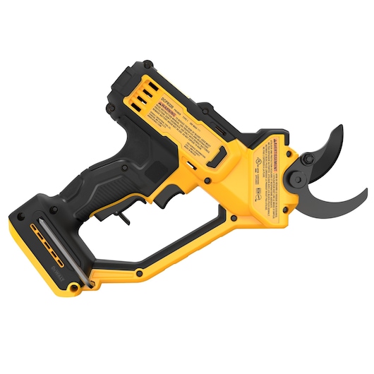 A DEWALT cordless electric pruning shear with a black and yellow ergonomic handle and sharp curved blades, designed for cutting branches and garden maintenance.