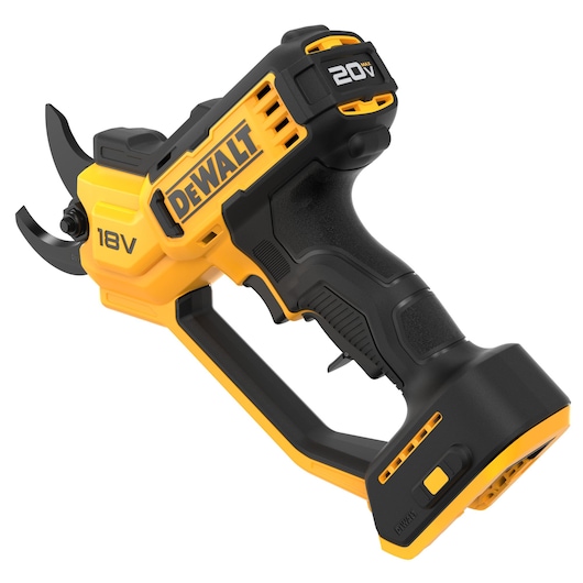 A DEWALT cordless handheld pruning shear tool with yellow and black design, featuring an 18V label and ergonomic handle.
