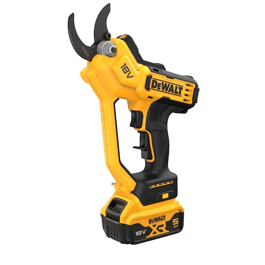 A DEWALT 18V cordless electric pruning shear with a yellow and black ergonomic design, featuring a rechargeable battery and a sharp blade for cutting branches.